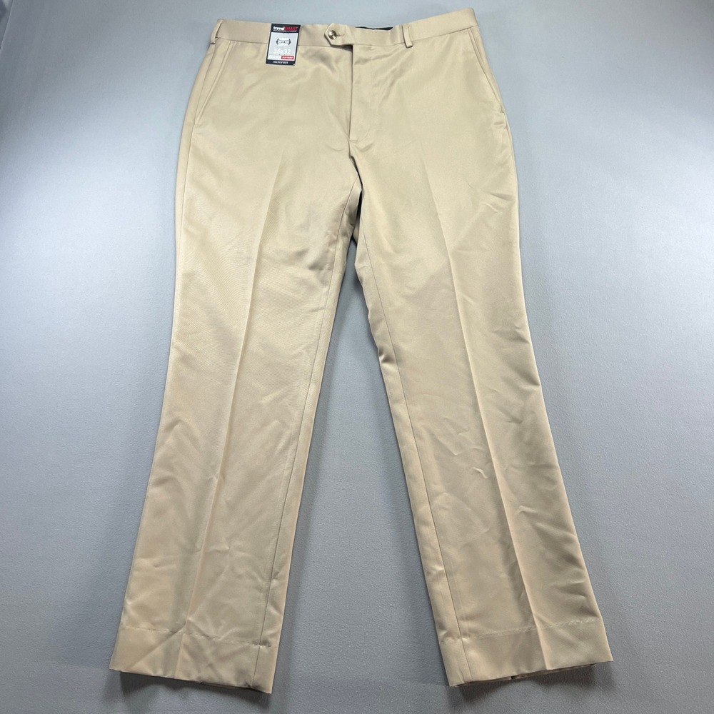 Roundtree & Yorke Travelsmart Pant Men 36x30 Beige Classic Fit Flat Front Casual